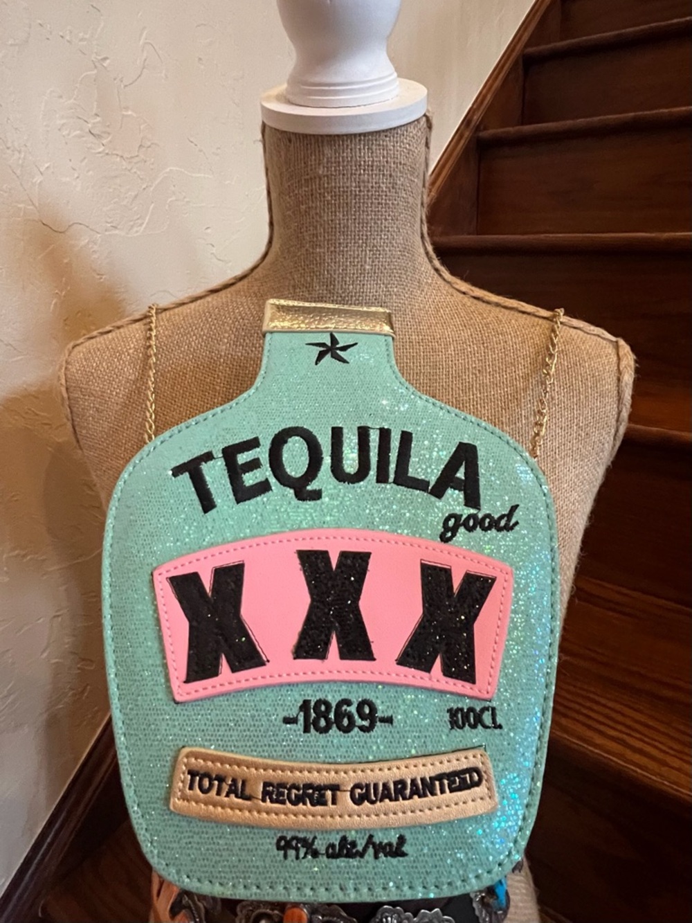 Tequila Bottle Crossbody Bag - Turquoise Blue & Pink